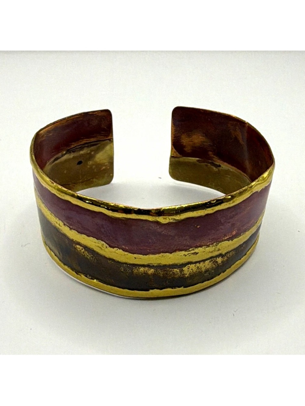 VTG Mid-Century Modernist Hammered Brass and Enamel Cuff Bracelet